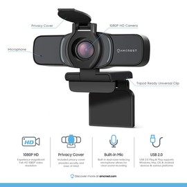Amcrest 1080P Webcam with Microphone & Privacy Cover, Web Cam USB Camera, Computer HD Streaming Webcam for PC Desktop & Laptop w/Mic, Wide Angle Lens & Large Sensor for Superior Low Light (AWC201-B)