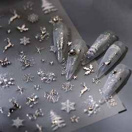 Christmas Nail Art Stickers Decals Silver Nail Art Decals Christmas Tree Reindeer Nail Design 5D Embossed Nail Stickers Self Adhesive Rhinestone Nail Supplies Xmas Nail Decals for Women, 1 Sheets