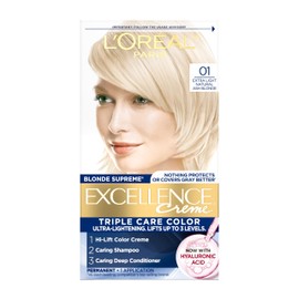 L'Oreal Paris Excellence Crème Permanent Hair Dye, Triple Care Hair Color with Hyaluronic Acid for 100% Gray Coverage, 01 Extra Light Natural Ash Blonde, 1 Kit (Packaging May Vary)