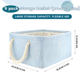 SAMORADREA 9 Pack Storage Basket Bins & Decorative Baskets Fabric Storage Cubes Containers Bulk W/Handles for Office, Home, Books, Clothes, Bedroom, Closet (light blue)