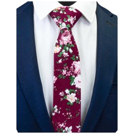 GUSLESON Mens Burgundy Tie Floral Skinny Cotton Ties for Men Slim Necktie (09...