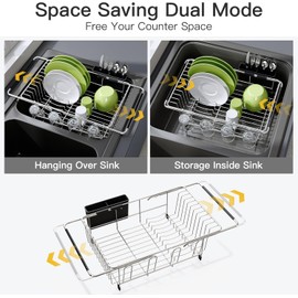 JASIWAY Escurridor de Trastes sobre Fregadero,Expandible Escurridor de Platos Acero Inoxidable para encimera de Cocina, Escurridorplatos con Porta Utensilios y Porta Vasos, Pequeño, Plateado