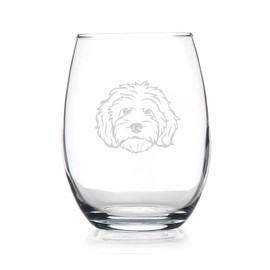 YmeerGifts Goldendoodle Face Stemless Wine Glass - 15oz Clear Glass for Dog Lovers