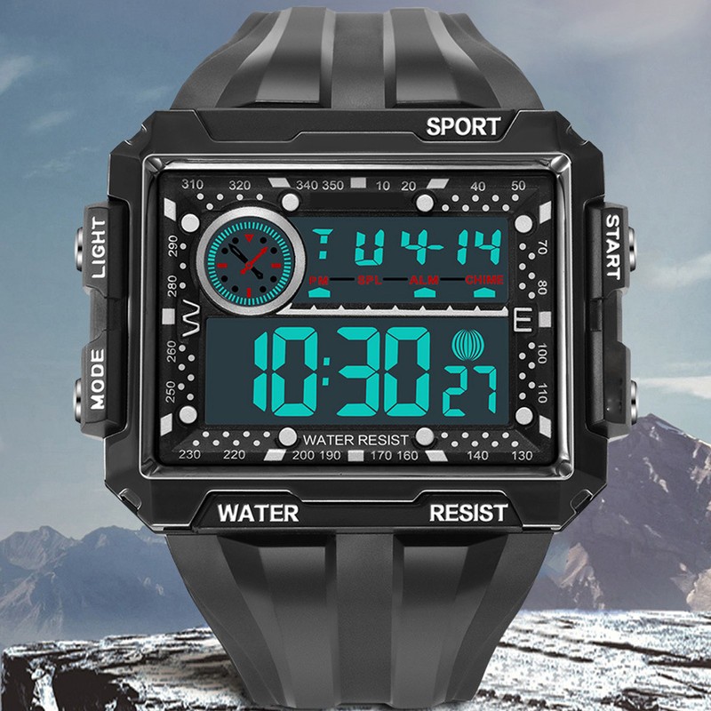 Men Rectangle Digital Sports Watch Night Light Rectangle Display Waterproof