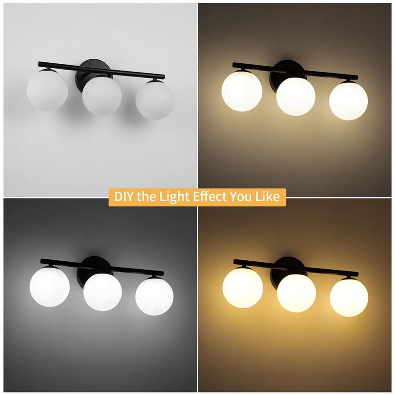 foucasal Black Globe Bathroom Light Fixtures 3-Light Vanity Light with