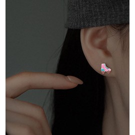Colorful Roller Skate 925 Sterling Silver Stud Earrings Enamel Ice Skating Shoes Cartilage Tragus Piercing Sleeper Studs Roller Derby Skater Earring Fashion Jewelry Gifts for Women Girls (Silvery)