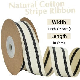 RIBBOOO 2.5cm Black Striped Cotton Ribbon for DIY Craft Gift Wrapping Floral Bouquet Natural Cotton Christmas Ribbon for Valentine's Day Wedding Birthday and Party Decoration
