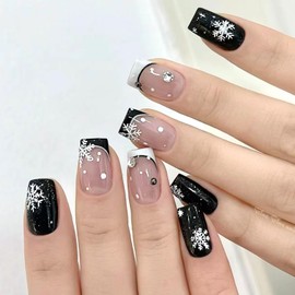 Christmas Snowflake Press on Nails Black White French Tip Rhinestones False Nails Medium Square Xmas Glue on Nails Winter Full Cover Acrylic Nails for Women Girls