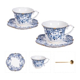 POWDONUNT Vintage Floral Porcelain Tea Cup and Saucer Set with Spoon, Gold Trim, 6.4 oz – Set of 2, Blue – Tea & Espresso & Coffee Cups (2, China Flower)
