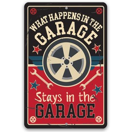 What Happens in The Garage Stays in The Garage - Vintage Metal Tin Home Decoration for Garage, Man Cave Workshop Repair Shop Display, Great Father's Day Gift, 12x18 Indoor/Outdoor Durable Metal Sign