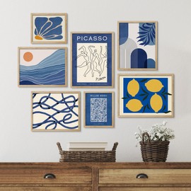 SIGNWIN Framed Wall Art Collage Print Gallery Set of 7 Black & White Picasso Style Sun Mountain Abstract Illustrations Modern Art Decorative Boho for Living Room, Bedroom, Office - 46"x24" Natural