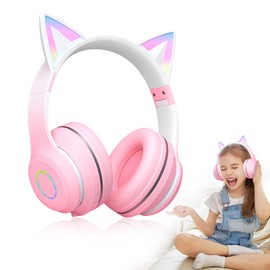 Cat Ears Wireless Earphone,Foldable Headphones with Kids Headphones, Soft Over Ear LED Light Music Headset,Adjust Headband,3.5mm Audio, Stereo Gaming Headset for Boys Girls Adults Gifts (Pink)