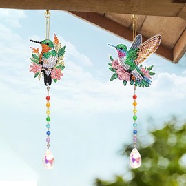 2pcs Diamond Art Painting Wind chime with Crystal pendant, DIY Hummingbird Double-sided design Special Shape Acrylic Crystal Diamond Ornament, Diamond Home Window Garden Hanging Pendant Decoration
