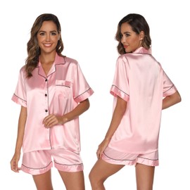 GAESHOW Pyjamas for Women, Soft Silk Satin Pajamas Set Short Sleeve Button-Down Set Sleepwear Loungewear Two Piece Pjs for Ladies S-2XL Pink