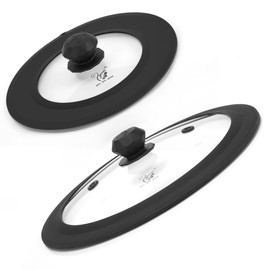 Set of 2 Vented Tempered Glass Universal Lid for Pot Pan Skillet with Heat Resistant Silicone Microwave Splatter Cover Microwave Safe Fit 8" 8.5" 9" and 11.5" 12" 12.5", Black