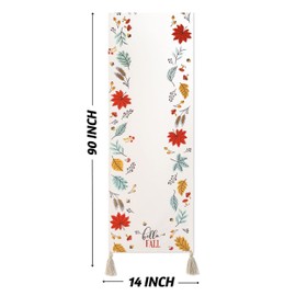 Folkulture Table Runner 90 Inches Long with Tassels for Fall Decor, 100% Cotton White Table Runner, Rustic Boho Table Runner or Farmhouse Table Runners, Coffee Table Runner (Hello Fall)