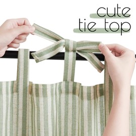 TOPICK Green Striped Linen Blend Kitchen Curtains for Living Room Bathroom Cupboard Bedroom 36 Inch Drop Pinstripe Cafe Small Window Curtains Light Filtering Tie Top 2 Panels