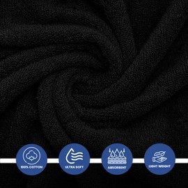 Linteum Textile Supply Luxury Hair Towels 100% Ring Spun Cotton Bleach Proof Hair Towel for Women, Men, Kids | 20x40 inches Quick Dry Towels for Gym, Beauty, Spa, Salon | Pack of 12 | Black