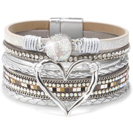 Suyi Multilayer Leather Wrap Bracelet Heart-Shape Wide Cuff Bracelets for Women Color Silver