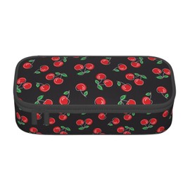 HKHEHOP Red Cherry Black Pencil Case Big Capacity Storage Pencil Pouch Stationery Bags With Zipper Portable Pen Holder Box Organizer For Boys Student College School Office Supplies