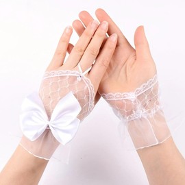 Amazleer Fingerlose Spitzenhandschuhe, Damen, Gothic, Mesh, durchscheinend, Schleifen-Handschuhe für Teeparty, Weiße Schleife, Einheitsgröße