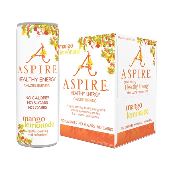Aspire Healthy Energy, Calorie Burning, Zero Calorie, Zero Sugar Drink 4 Pack Mango Lemonade,12oz (355ml) Cans