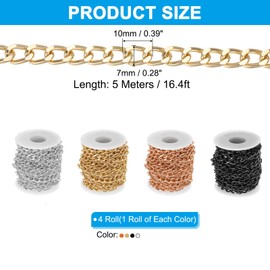 PATIKIL 65.6Ft Aluminium Curb Chains Twisted Links, 4 Rolls 10x7mm Curb Chain Spool Jewelry Making Chains Craft Chain for Necklace Bracelet Earring, Gold/Silver/Rose Gold/Black