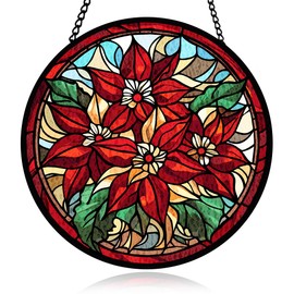 Red Flower Stained Glass Window Hanging, Hanging Sun Catcher Ornament, Red Flower Botanical Glass Panel, Window Ornament for Indoor Outdoor, Gifts for Christmas Housewarming, Birthday Party, Wedding