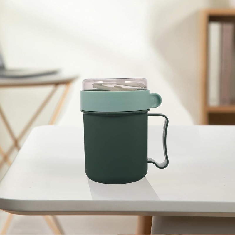 Taza de Desayuno Portátil con Tapa y Cuchara, Verde, Plástico