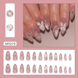 FIEONCIY Press on Almond Nails Medium Length Glossy Acrylic Almond Shaped False Nails with Designs Artificial Medium Fake Nails with Charms Glue Stick on Fingernails for Women Girls(MY219)