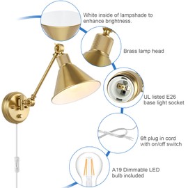 TRLIFE Wall Sconce Plug in, Dimmable Wall Sconces Set of 2 Wall Lights with Plug in Cord and Dimmer On/Off Knob Switch, Brushed Brass Swing Arm Wall Light, UL Listed(2 Pack, 2 Bulbs)