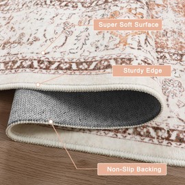 LIVEBOX 5x7 Area Rugs for Living Room, Washable Nursery Beige Neutral Boho Rug Soft Non-Slip Rug, Low-Pile Vintage Medallion Rug, Retro Faux Wool Rug for Dining Room Bedroom Office