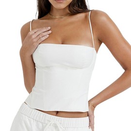 Women's Solid Color Cami Tops Sleeveless Spaghetti Strap Backless Corset Fitted Cropped T Shirt Summer Going Out Tops - Color: White, Size: M
