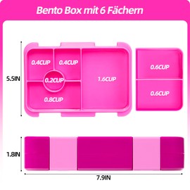 QCQHDU Children's Lunch Box with 6 Compartments, Bento Box for School, Nursery, Outdoor, Leakproof, Dishwasher Safe, BPA-Free (Pink)