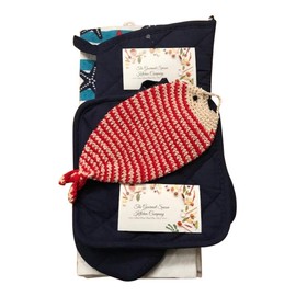 Nautical Beach Ocean Kitchen Towel Set with 2 Dish Towels, 2 Quilted Pot Holders, Oven Mitt and with Microfiber Fish Scrubbier (RED Blue)