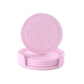 LISRSC Coasters Set of 4 - PU Leather Coasters with Holder - Pink Round Coasters for Drinks - Coffee Table Coasters Pads Mat - Cup Coaster Set Gifts for Home,Bars,Cafes,Party,Office Decor