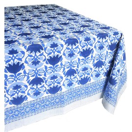 ATOSII Positano Blue 100% Cotton Rectangle Fall Tablecloth, Handblock Floral Linen Table Cloth for Kitchen Dining Table I Parties Wedding Christmas Thanksgiving I Fall Decor 60 X 108 Inches