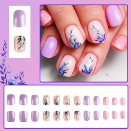 24 Pcs Nude Pink Press On Nails Extra Short Square,YEFIUO Spring Summer Purple Fake Nails Press ons Nail Art Tips Acrylic Nail Kit Glue on Nails Full Cover False Nails with Flowers Design for Ma'am