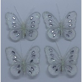 Diamante Glitter Mesh Jewelled Butterfly 3D Decorative Butterflies Wedding Home Party Event Craft Embellishment Festive Stylish Xmas Tree Christmas Decoration Curtain Clip On (4 x White)