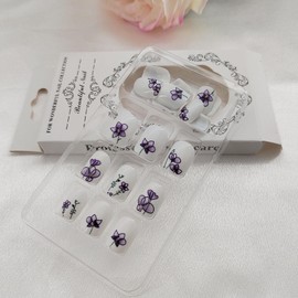 Square Press on Nails Extra Short Cute False Nails with Blue Sfumato Ink Flowers Designs White Full Cover Faux Nails Press ons for Women Fake Nails 24 Pcs