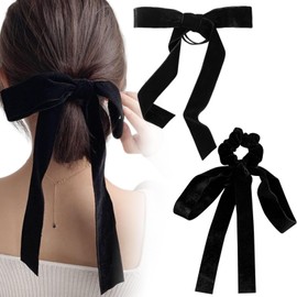 CHANJIF Bowknot, Hair Ornament, Set of 2, Black, Velvet, Long, Ribbon, Hair Tie, Fashionable, Women's, Hair Ornament, Adults, Kids, All Ages, School Entrance Ceremonies, Weddings, Graduation