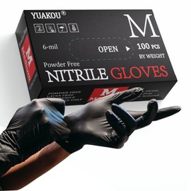 YUAKOU YUAKOU 100pcs/Box Disposable Nitrile Gloves, 6mil Chemical Resistant, Powder-Free, Latex-Free, Non-Sterile, Food Safe, Exam Gloves Black,M Size