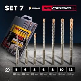 SDS+ Hammer Drill Bit Set 7 Pieces 4 x Cutting PGM Diameter 5-12 mm x 110/160 mm - Amboss Werkzeuge SDS Crusher 4 - HM Concrete Drill Carbide Professional Drill Bit - Reinforced Concrete Masonry