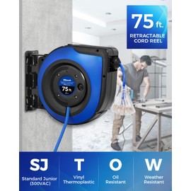 WILAWELS Retractable Cord Reel, 75 FT Heavy Duty Extension Cord, 14AWG/3C SJTOW, 3 Grounded Outlets Lighted Triple Tap, 10A Circuit Breaker, Wall/Ceiling Mounted, UL Listed, Blue U75CR06