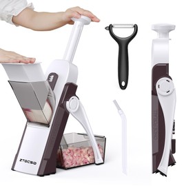 ZTQCSQ 5 in 1 Safe Mandoline Slicer for Kitchen, Safe Vegetable Chopper with Paring Knife, Adjustable Thickness, Easy to Clean, Vegetable Slicer, Slicing, Strips, Shredding, Dicing, Chop (Brown)