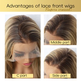 SOMIARIK 13x4 Lace Front Short Wavy Dark Blonde With Dark Roots Wigs Balayage Synthetic Lace Front Wigs Pre Plucked with Baby Hair 150% Density Party Date Daily Wear 22 Inch