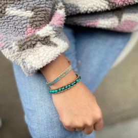 KELITCH Turquoise Beads Strand Bracelets Natural Stone Leather Wrap Bracelet New Adjustable Charm Bracelets (Green 18B)