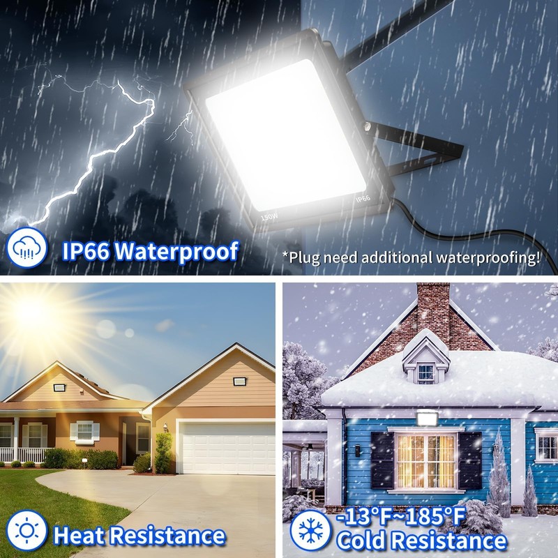 150W LED Outdoor Flood Lights with Plug, 18000lm Bright Work