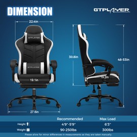 GTPLAYER Gaming Chair with Footrest, Computer Gaming Chair for Adults and Kids, Height Adjustable Gamer Chair with 90-155° Recline & Removable Headrest Lumbar Support (Dark Black-White)