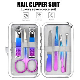 Kioiner Manicure Set, 7 in 1 Stainless Steel Manicure Pedicure Set, Professional Fashion Nail Clippers Nails Cuticle Remover Toenail Cutter Grooming Tools with Portable Case for Girls Men Women Travel Home